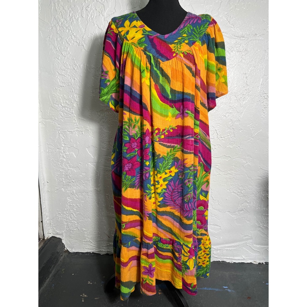 Serengeti Catalog Tropical Floral Gauze Midi Dress L Boho Multicolor